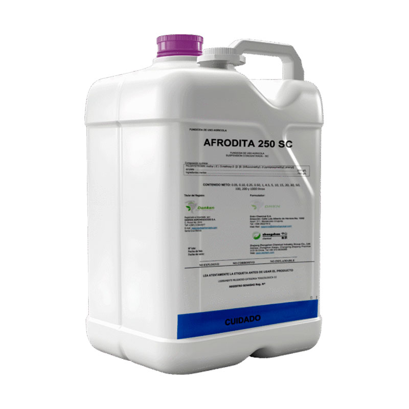 Envase de AFRODITA, fungicida sistémico con acción translaminar para el control de la roya asiática en cultivos de soya.
