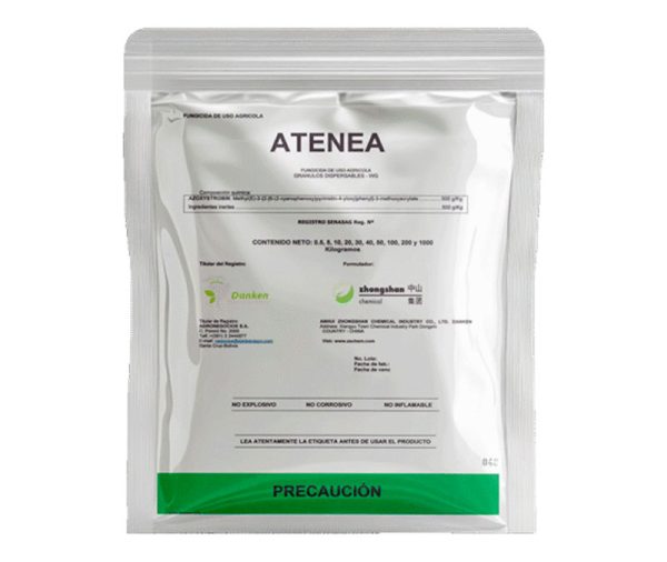 Envase de ATENEA, fungicida sistémico preventivo y curativo para el control de la roya asiática en cultivos de soya.