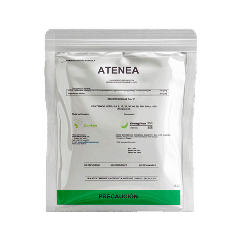 Envase de ATENEA, fungicida sistémico preventivo y curativo para el control de la roya asiática en cultivos de soya.