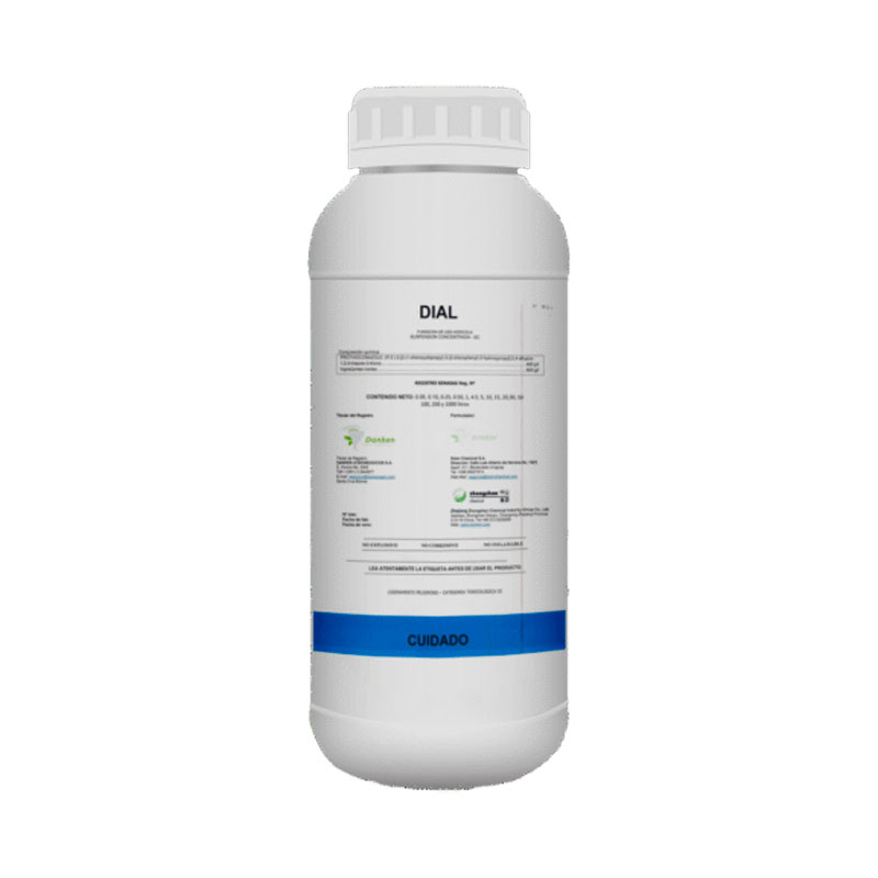 Envase de DIAL, fungicida sistémico con acción protectora, curativa, erradicativa y de larga duración para el control de enfermedades en cultivos agrícolas.