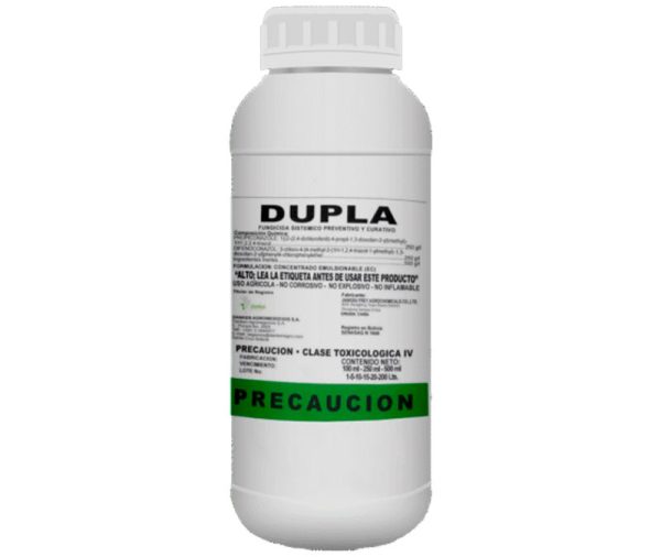 Envase de DUPLA, fungicida sistémico de aplicación foliar con acción preventiva y curativa para el control de enfermedades fúngicas en cultivos agrícolas.