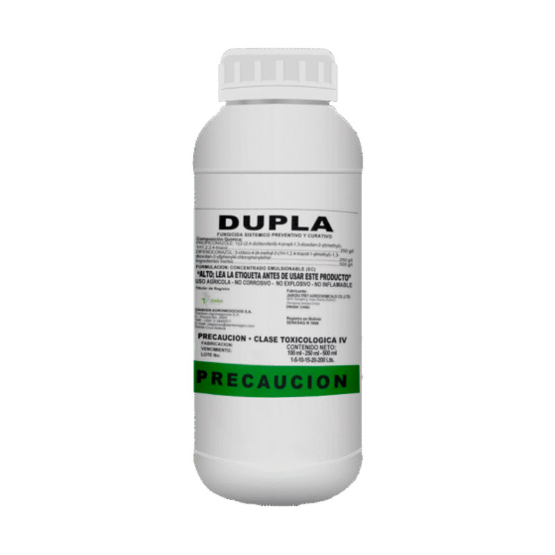 Envase de DUPLA, fungicida sistémico de aplicación foliar con acción preventiva y curativa para el control de enfermedades fúngicas en cultivos agrícolas.