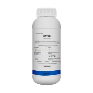 Envase de ROYARI, fungicida preventivo y curativo con acción sistémica y translaminar para el control de la roya en cultivos de soya.