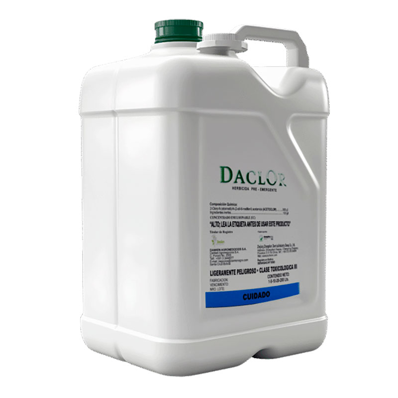 Envase de Daclor, herbicida residual preemergente para el control de malezas de hoja ancha anuales y gramíneas anuales en diversos cultivos agrícolas.