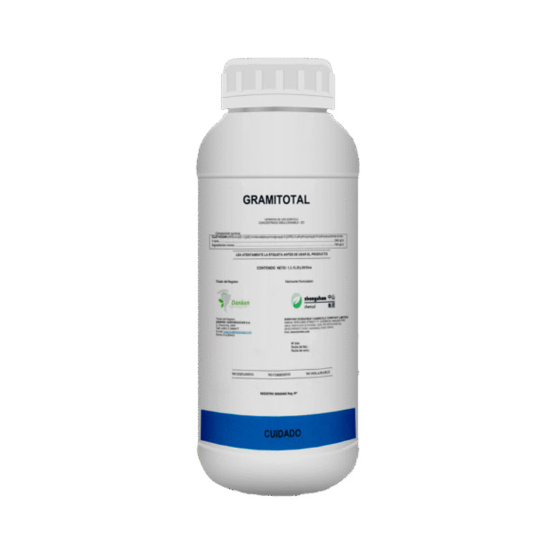 Envase de GRAMITOTAL, herbicida sistémico selectivo postemergente para el control de malezas gramíneas en cultivos de soya.