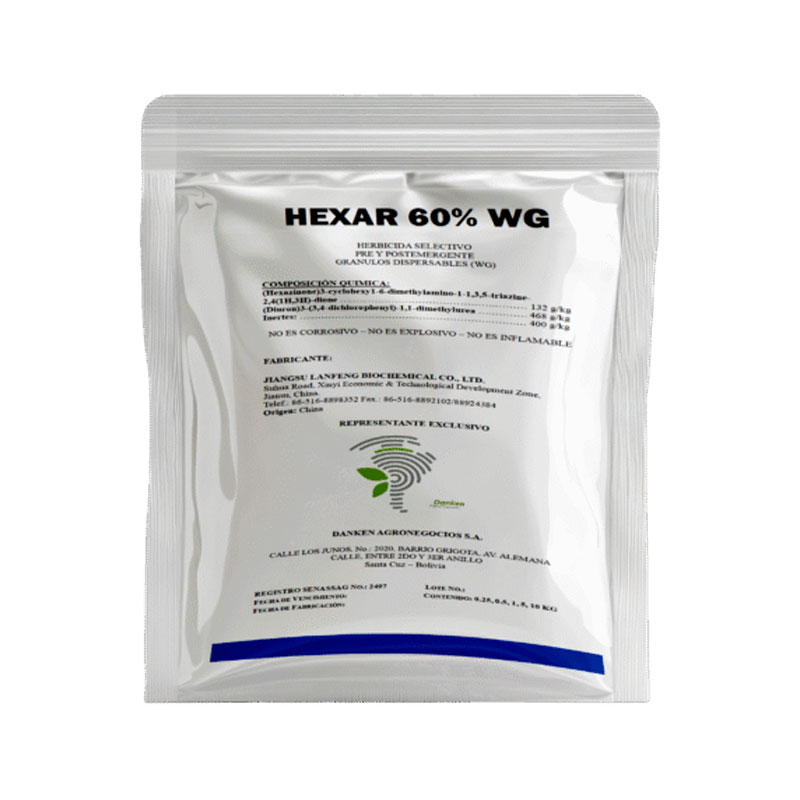 Envase de HEXAR 60% WG, herbicida selectivo de pre y postemergencia para el control de malezas anuales, bianuales y perennes en cultivos agrícolas.
