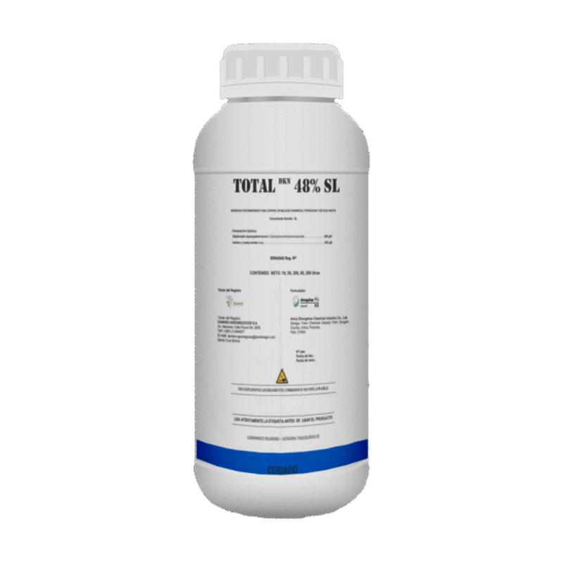 Envase de TOTAL 48% SL, herbicida sistémico de acción total para el control de malezas anuales y perennes en cultivos agrícolas.
