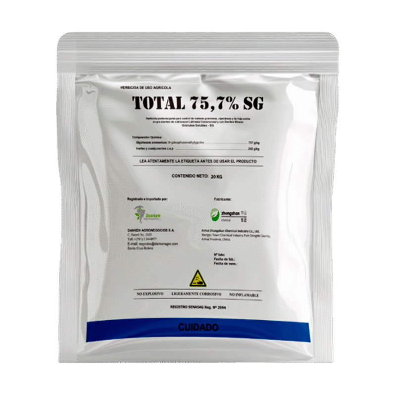 Envase de TOTAL 75,7% SG, herbicida sistémico no selectivo para el control de malezas anuales y perennes en cultivos agrícolas.