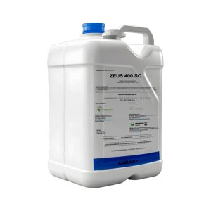 Envase de ZEUS 400 SC, fungicida sistémico con acción protectora, curativa, erradicativa y de larga duración para el control de enfermedades fúngicas en cultivos agrícolas.
