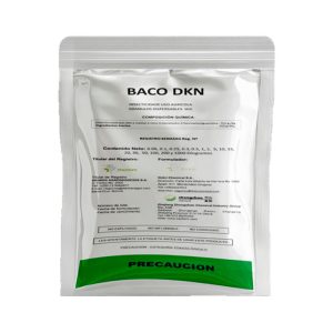 Envase de BACO DKN, insecticida sistémico de contacto e ingestión para el control de mosca blanca y trips en cultivos de soya.