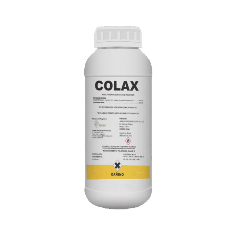 Envase de COLAX, insecticida de amplio espectro con acción por contacto, ingestión e inhalación para el control de plagas agrícolas.